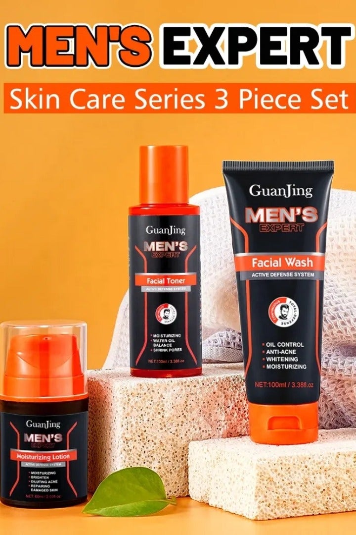 GUANJING مجموعة العناية بالبشرة للرجال - مجموعة هدايا لتنظيف البشرة والعناية بها - مجموعة العناية اليومية بالبشرة للرجال لتقليل التجاعيد الدقيقة - تشمل تونر للتحكم في الزيوت، منظف، ومرطب - مجموعة مكونة من 3 قطع - Image 2