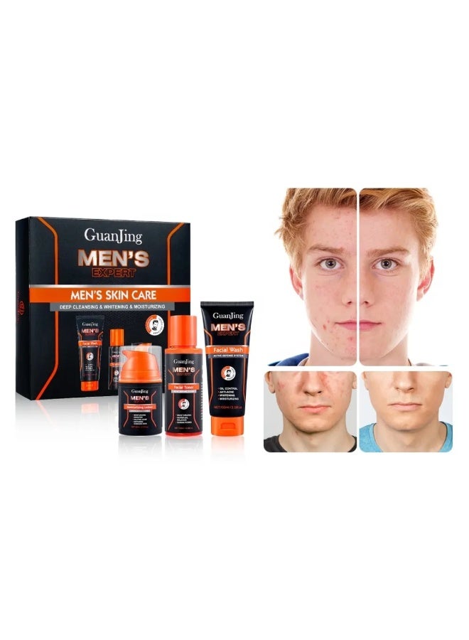 GUANJING مجموعة العناية بالبشرة للرجال - مجموعة هدايا لتنظيف البشرة والعناية بها - مجموعة العناية اليومية بالبشرة للرجال لتقليل التجاعيد الدقيقة - تشمل تونر للتحكم في الزيوت، منظف، ومرطب - مجموعة مكونة من 3 قطع - Image 5