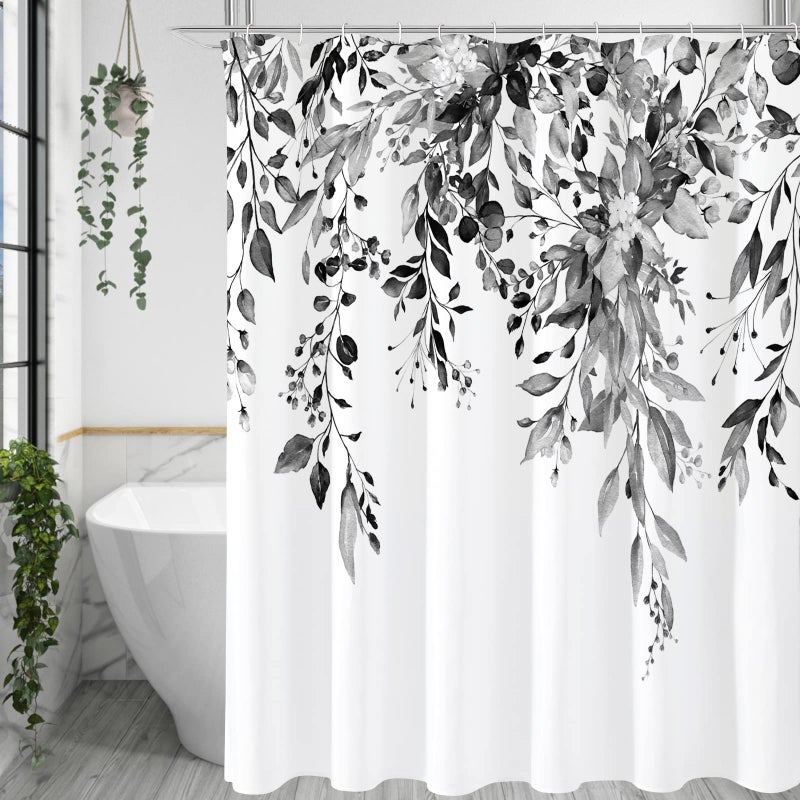 Gibelle Black and White Eucalyptus Shower Curtain Grey Watercolor Plant Leaves with Floral Bathroom Shower Curtain Set with Hooks 72x72