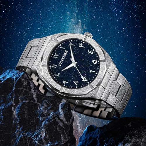PINTIME Men's Octagonal Stainless Steel Watch, Starry Sky Dial with Arabic Numerals, Sparkling Textured Band Quartz Wristwatch - Image 5