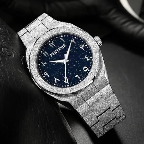 PINTIME Men's Octagonal Stainless Steel Watch, Starry Sky Dial with Arabic Numerals, Sparkling Textured Band Quartz Wristwatch - Image 3