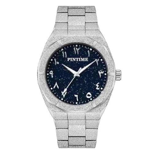 PINTIME Men's Octagonal Stainless Steel Watch, Starry Sky Dial with Arabic Numerals, Sparkling Textured Band Quartz Wristwatch - Image 1