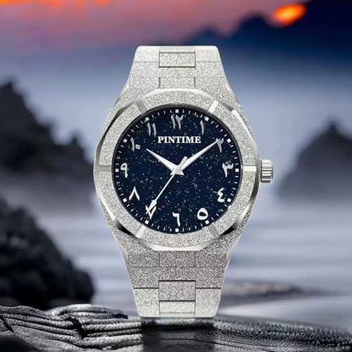 PINTIME Men's Octagonal Stainless Steel Watch, Starry Sky Dial with Arabic Numerals, Sparkling Textured Band Quartz Wristwatch - Image 4