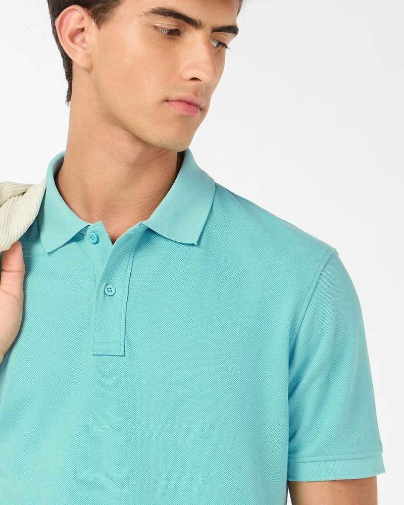 bewakoof Men's Light Aqua Green Polo T-shirt