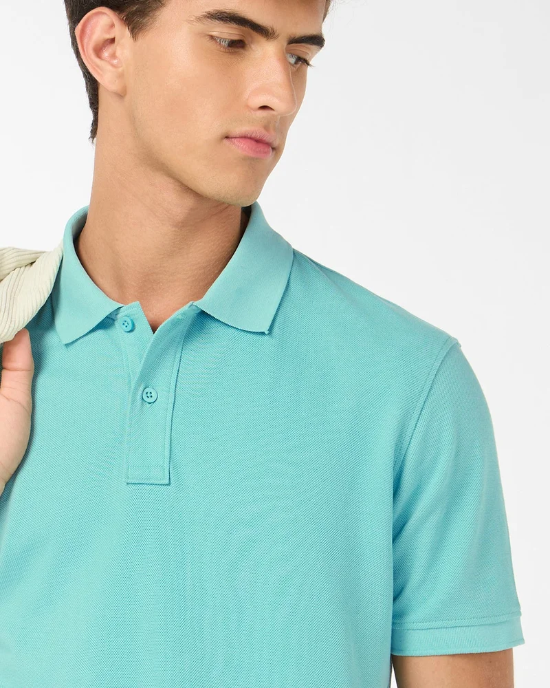 bewakoof Men's Light Aqua Green Polo T-shirt