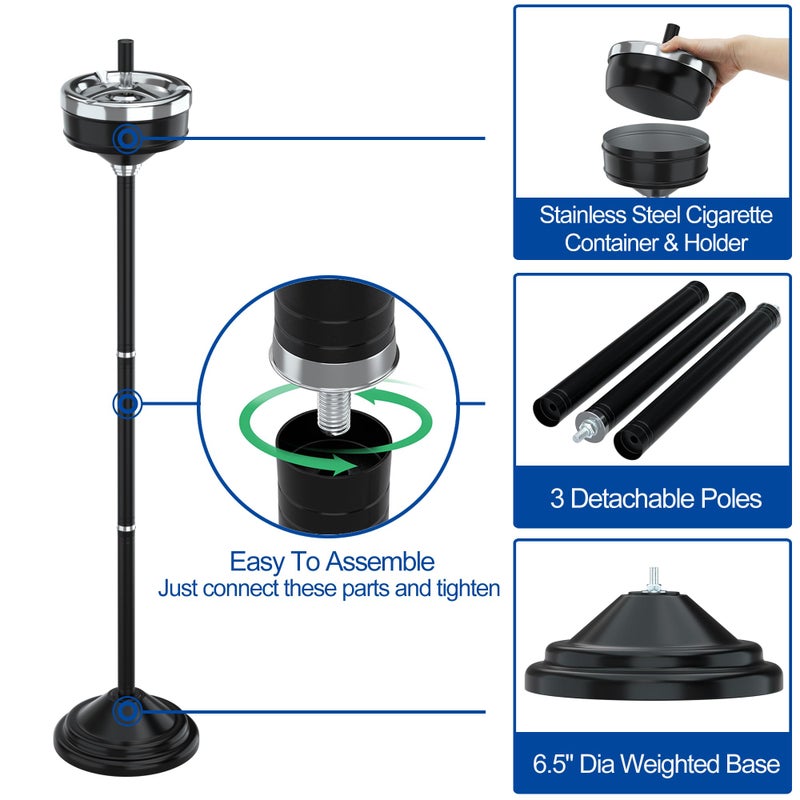RELIANCER Floor Standing Ashtray w/Spinning Lid,Adjustable 16" - 31.5" Cigarette Ash Tray,Outdoor Stainless Steel Cigar Container Ash Holder w/Weighted Base,Cigarette Butt Receptacle Disposal for Home - Image 4