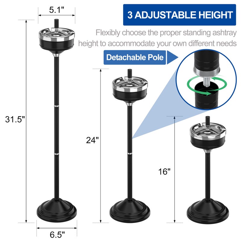 RELIANCER Floor Standing Ashtray w/Spinning Lid,Adjustable 16" - 31.5" Cigarette Ash Tray,Outdoor Stainless Steel Cigar Container Ash Holder w/Weighted Base,Cigarette Butt Receptacle Disposal for Home - Image 2
