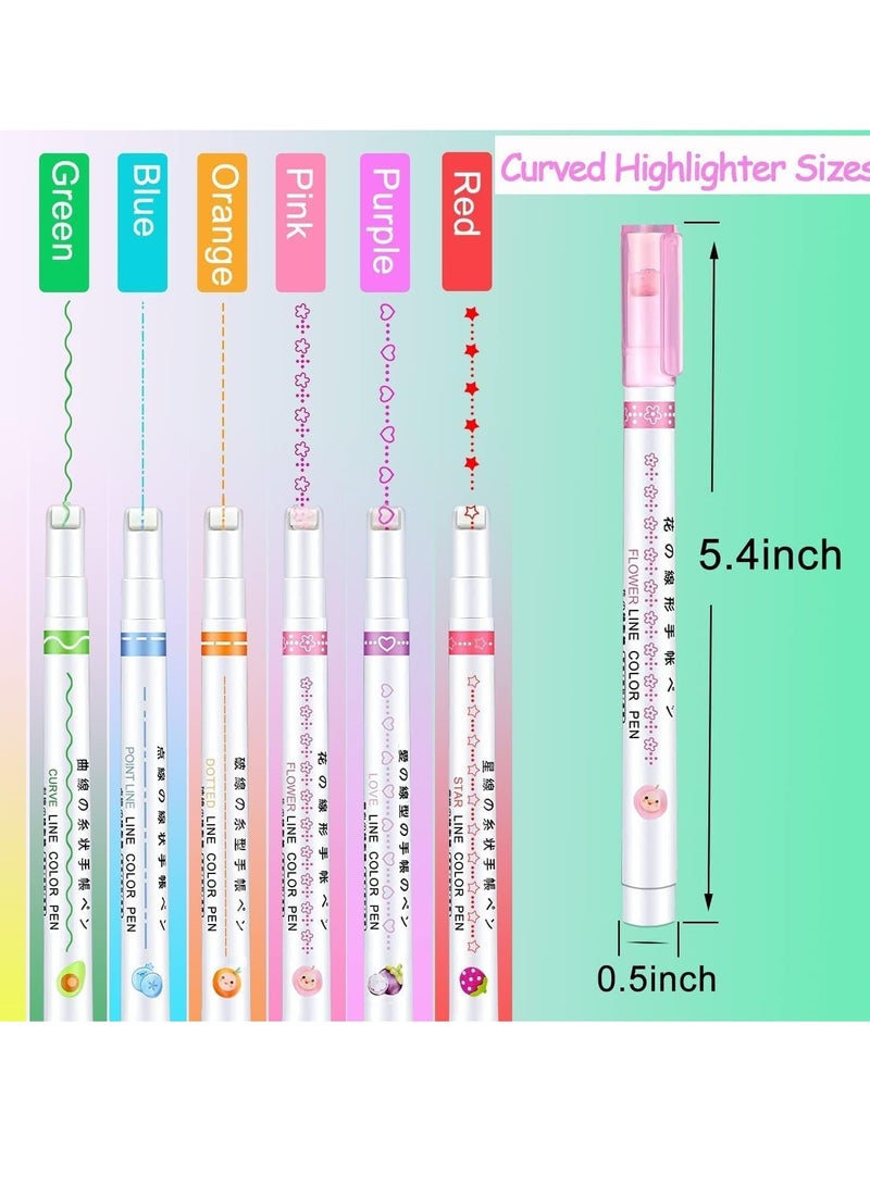 Generic Roller Curve Highlighter Six-piece Set | Different Designer Pens - 6-Pack Creative Notebook Curve Pen High-Value Student Flower Outline Pen Key Marking Line Color Single-Head Curve Pen  - Image 1