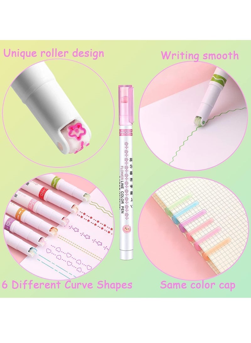 Generic Roller Curve Highlighter Six-piece Set | Different Designer Pens - 6-Pack Creative Notebook Curve Pen High-Value Student Flower Outline Pen Key Marking Line Color Single-Head Curve Pen  - Image 2