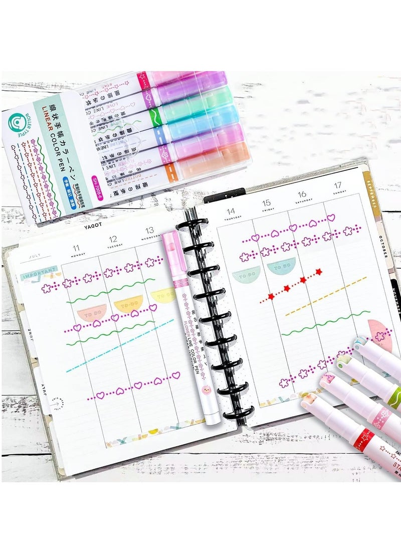 Generic Roller Curve Highlighter Six-piece Set | Different Designer Pens - 6-Pack Creative Notebook Curve Pen High-Value Student Flower Outline Pen Key Marking Line Color Single-Head Curve Pen  - Image 3