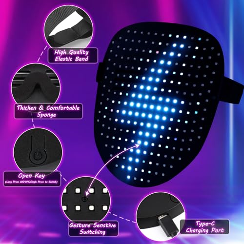 ORWINE LED Mask, Light Up Mask with Gesture Sensing, Unisex LED Lighted Face Transforming Masks for Festival Dj Cosplay Halloween Costume Masquerade Parties Christmas Gifts for Kids - Image 4
