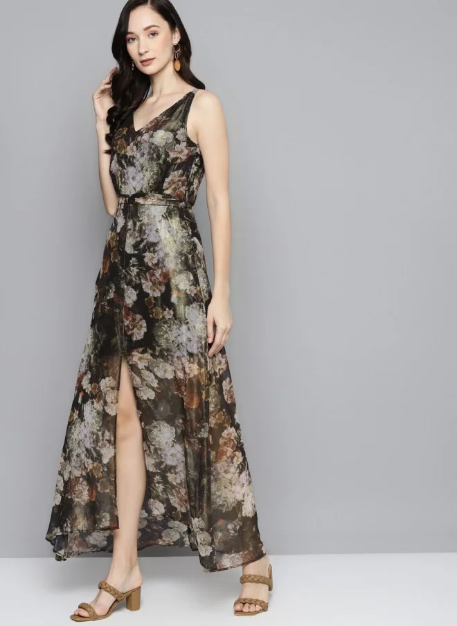 SASSAFRAS Floral Chiffon A-Line Maxi Dress for Women