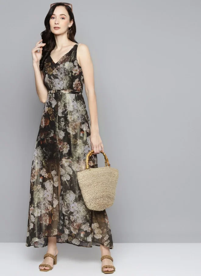 SASSAFRAS Floral Chiffon A-Line Maxi Dress for Women