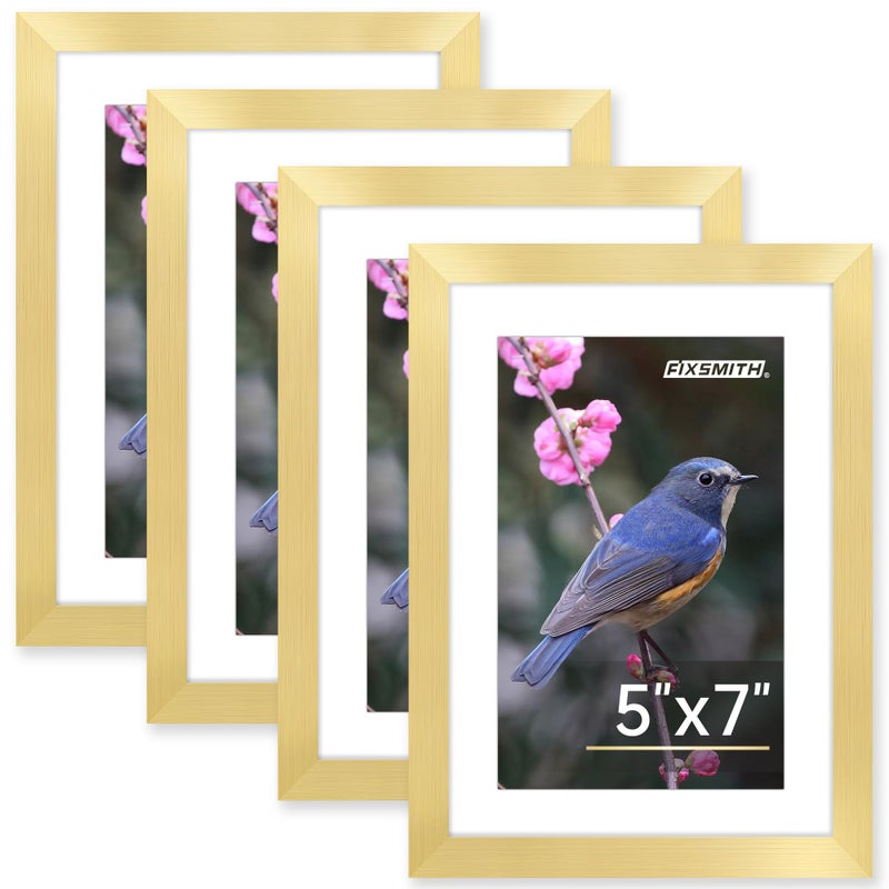FIXSMITH 5x7 Picture Frame Bulk-4 Pack, Gold Picture Frames Collage Wall Decor, Wall & Tabletop Picture Frames, Photo Frame with HD Plexiglass, Display Pictures 4x6 with Mat or 5x7 Without Mat - Image 1