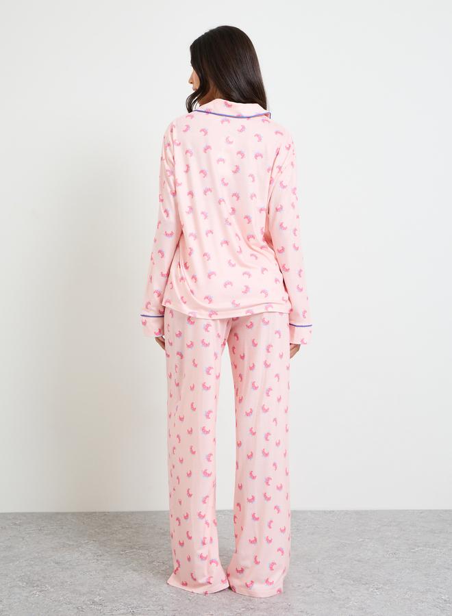 Styli Pink Croissant Bow Piped Long Sleeve Shirt and Pyjama Set - Image 5
