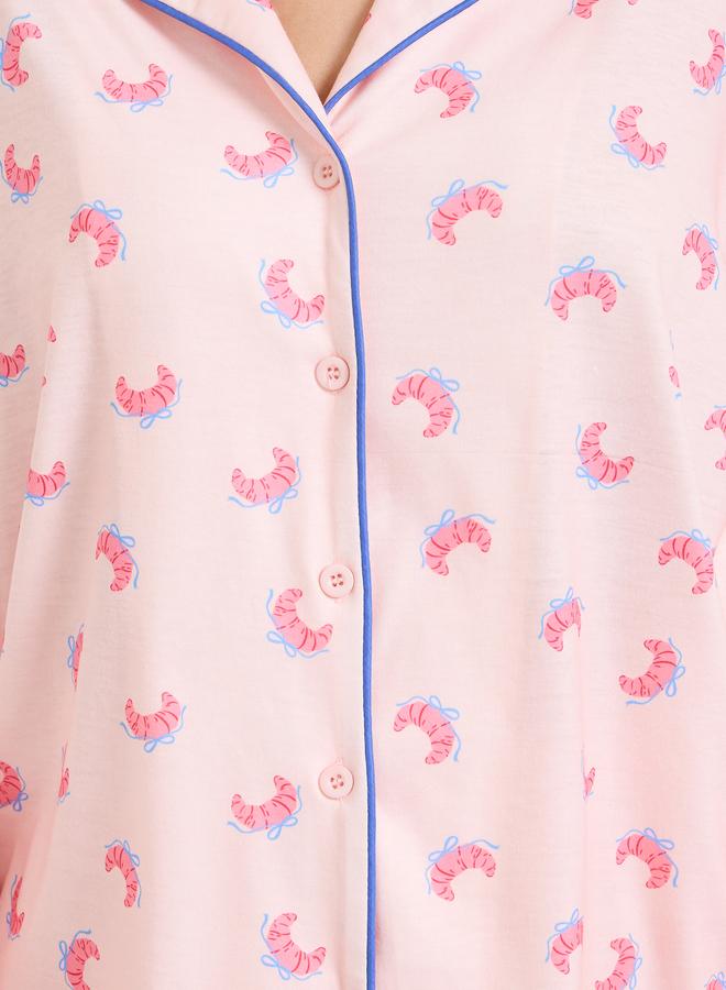 Styli Pink Croissant Bow Piped Long Sleeve Shirt and Pyjama Set - Image 3