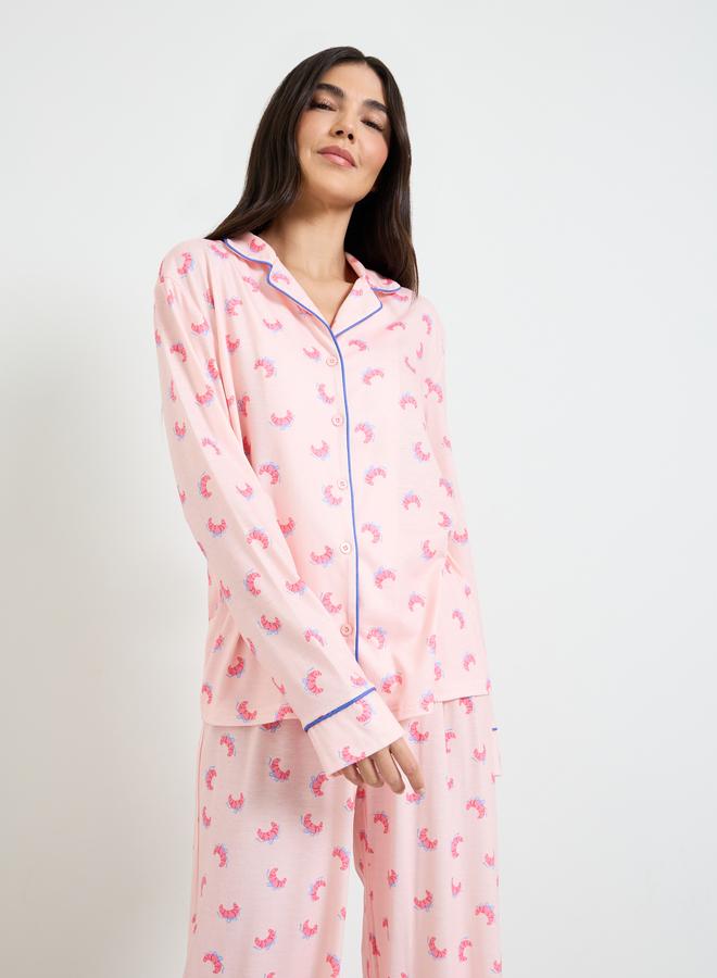 Styli Pink Croissant Bow Piped Long Sleeve Shirt and Pyjama Set - Image 2