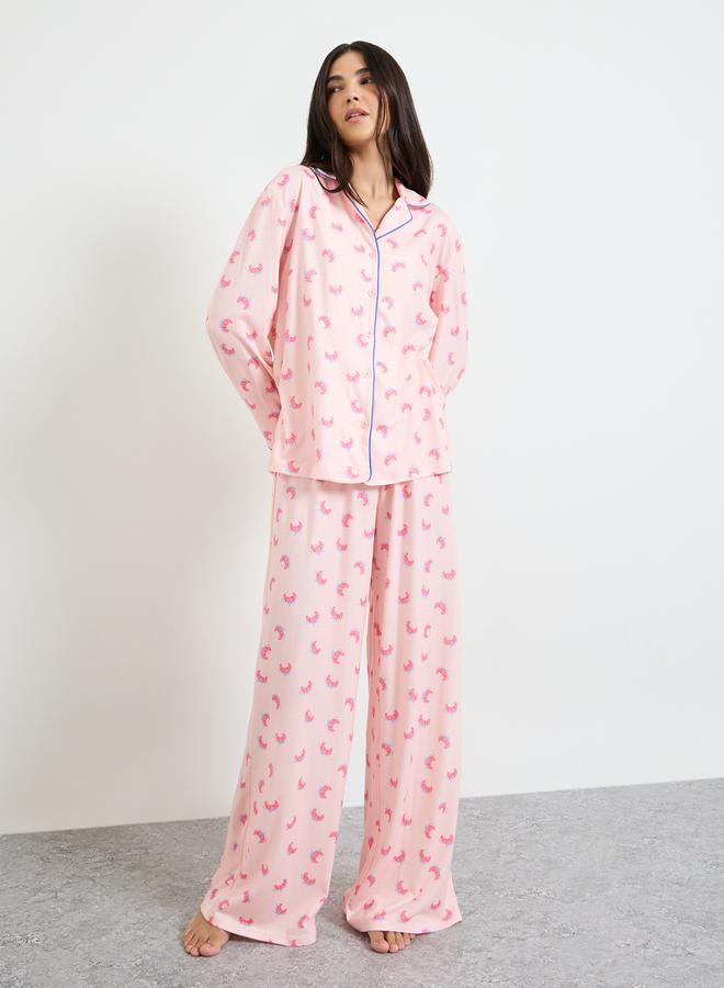 Styli Pink Croissant Bow Piped Long Sleeve Shirt and Pyjama Set - Image 1