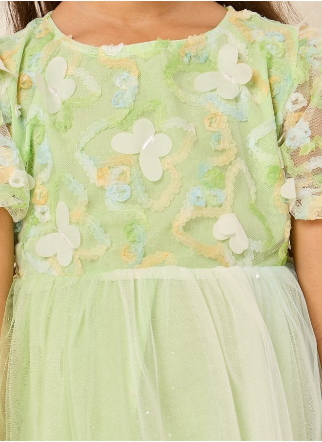Styli - Floral Applique Puff Sleeve Back Bow Mesh Dress - Image 1