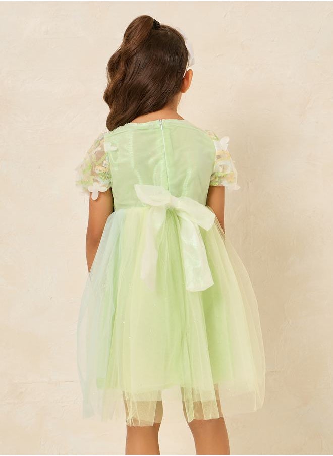 Styli - Floral Applique Puff Sleeve Back Bow Mesh Dress - Image 1