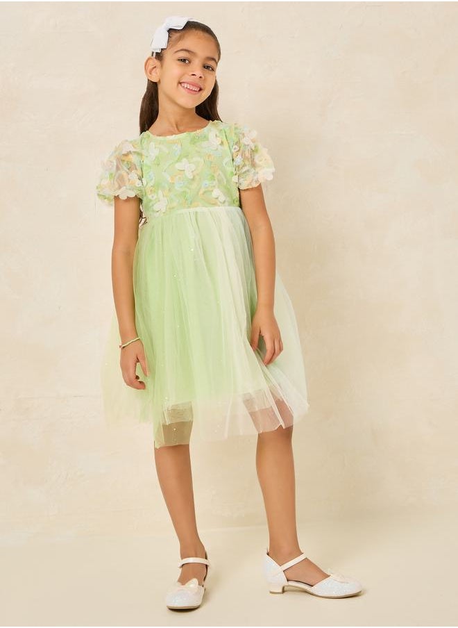 Styli - Floral Applique Puff Sleeve Back Bow Mesh Dress - Image 1