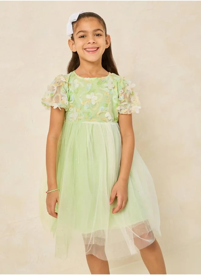 Styli Styli Floral Applique Puff Sleeve Back Bow Mesh Dress