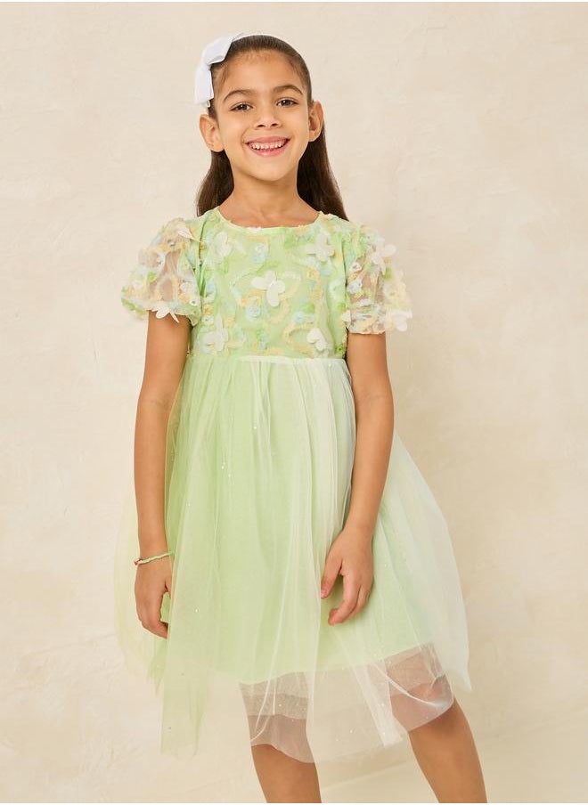 Styli Styli Floral Applique Puff Sleeve Back Bow Mesh Dress  - Image 1