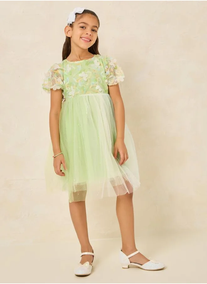 Styli Styli Floral Applique Puff Sleeve Back Bow Mesh Dress