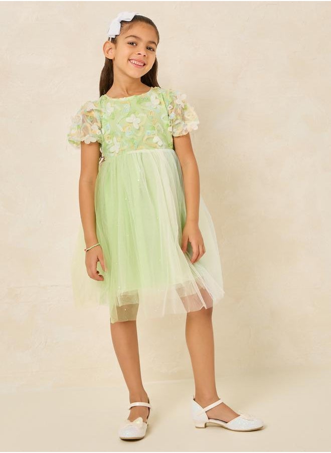 Styli Styli Floral Applique Puff Sleeve Back Bow Mesh Dress  - Image 2