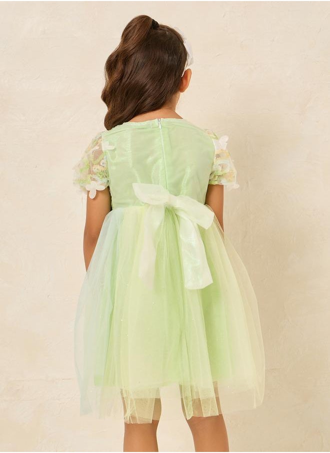 Styli Styli Floral Applique Puff Sleeve Back Bow Mesh Dress  - Image 4