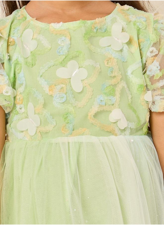 Styli Styli Floral Applique Puff Sleeve Back Bow Mesh Dress  - Image 3