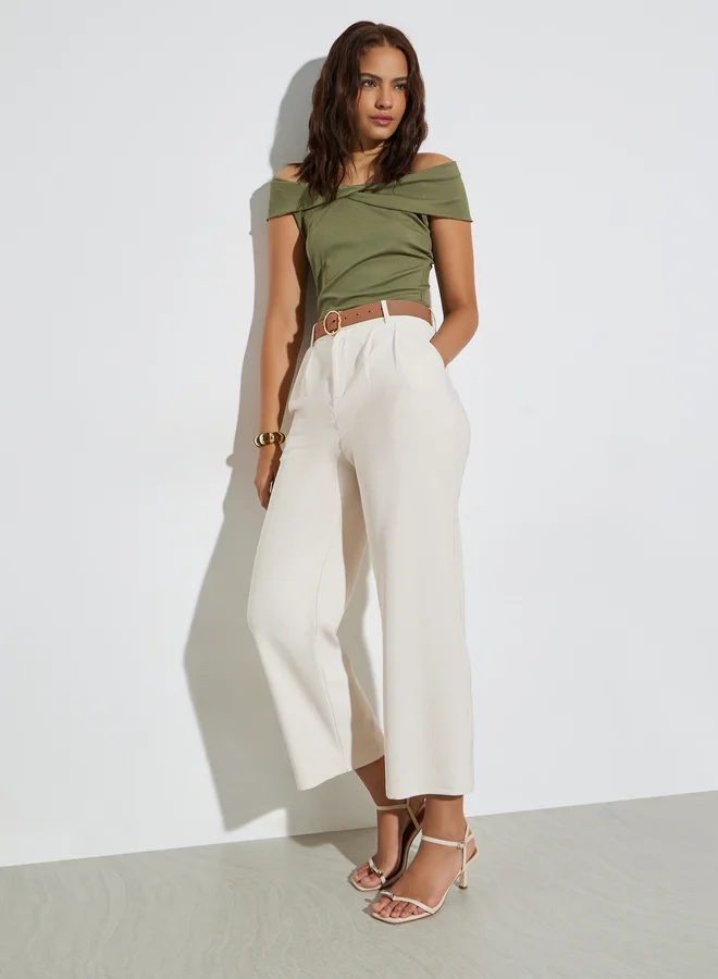 Styli Cream Solid Casual Straight Leg Pants