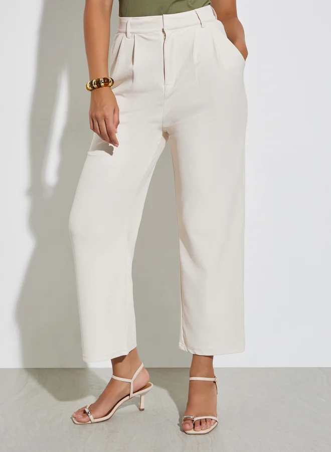 Styli Cream Solid Casual Straight Leg Pants