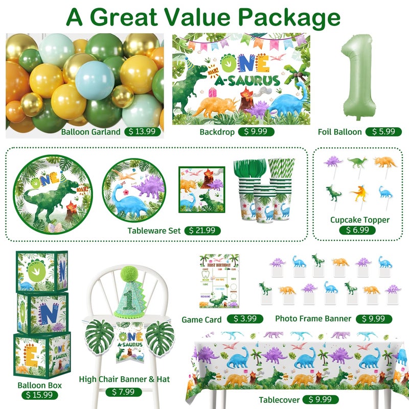 cocomigo 298Pcs One a Saurus Birthday Decorations Serves 25 Guests, One-stop Dinosaur 1st Party Pack with Plates, Candle, Party Hat, Backdrop, Tablecloth, Balloon Arch for 1st Birthday Decorations Boy - Image 3