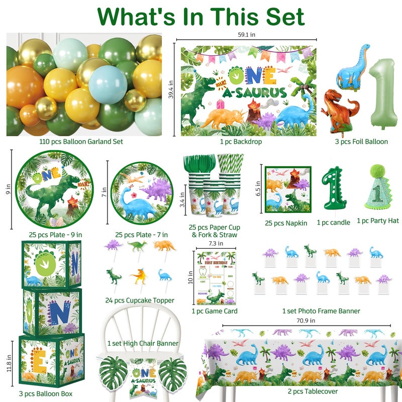 cocomigo 298Pcs One a Saurus Birthday Decorations Serves 25 Guests, One-stop Dinosaur 1st Party Pack with Plates, Candle, Party Hat, Backdrop, Tablecloth, Balloon Arch for 1st Birthday Decorations Boy - Image 2