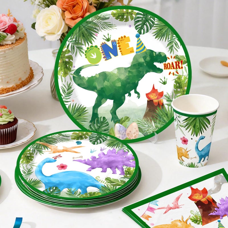 cocomigo 298Pcs One a Saurus Birthday Decorations Serves 25 Guests, One-stop Dinosaur 1st Party Pack with Plates, Candle, Party Hat, Backdrop, Tablecloth, Balloon Arch for 1st Birthday Decorations Boy - Image 5