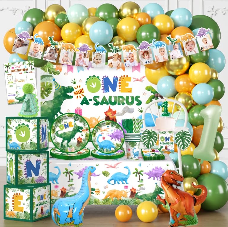 cocomigo 298Pcs One a Saurus Birthday Decorations Serves 25 Guests, One-stop Dinosaur 1st Party Pack with Plates, Candle, Party Hat, Backdrop, Tablecloth, Balloon Arch for 1st Birthday Decorations Boy - Image 1