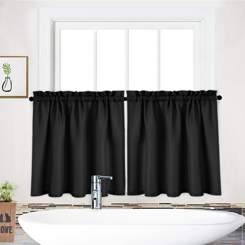 NANAN Tier Curtain  Waffle Weave Textured Tailored Short Curtains for Bathroom Waterproof Window Covering Kitchen Cafe Curtain - 30"" x 24""  Black  Set of 2 - Image 3