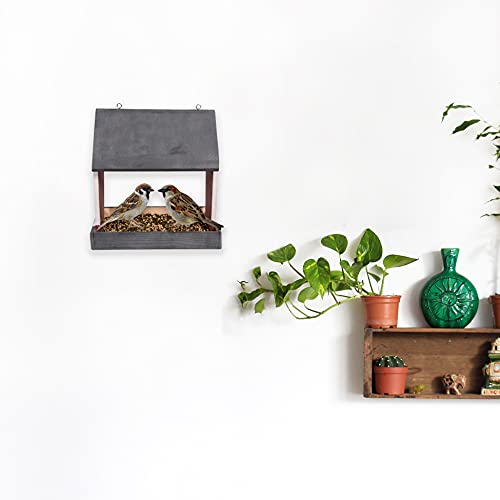 Cket Bird Feeder Wooden House Nest Box Hanging Waterproof Bird Feeder for All Small Birds for Garden Balcony Hanging (Wooden-Grey) - Image 2