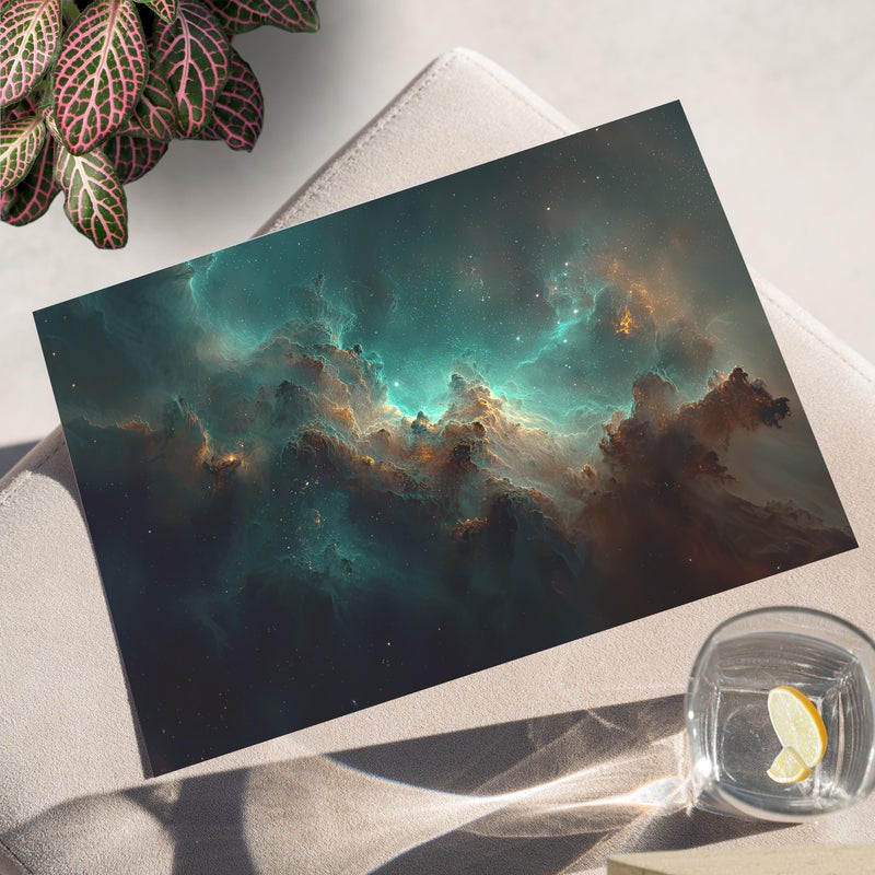 TNESSENTIAL Ethereal Cosmic Nebula Art Poster or Canvas Print, Vibrant Teal and Gold Glowing Starfield Wall Art, Deep Space Clouds Fantasy Home Decor - Image 2