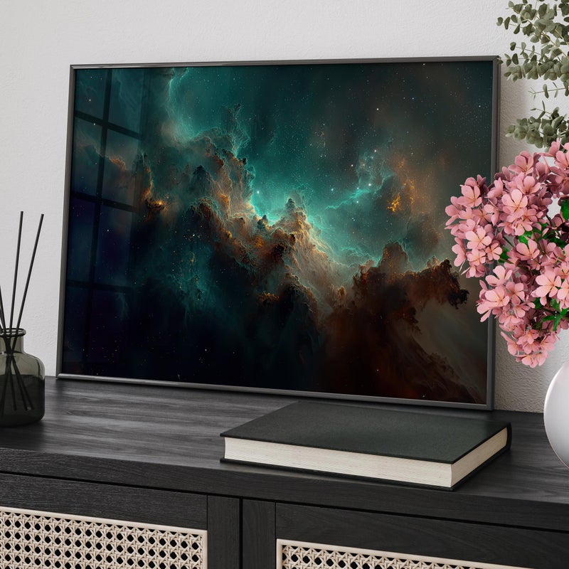 TNESSENTIAL Ethereal Cosmic Nebula Art Poster or Canvas Print, Vibrant Teal and Gold Glowing Starfield Wall Art, Deep Space Clouds Fantasy Home Decor - Image 1