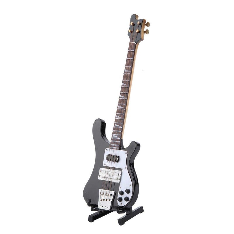 Hztyyier Mini Bass Guitar Replica, Black Model Instrument with Stand for Musical Decor Gift - Image 1