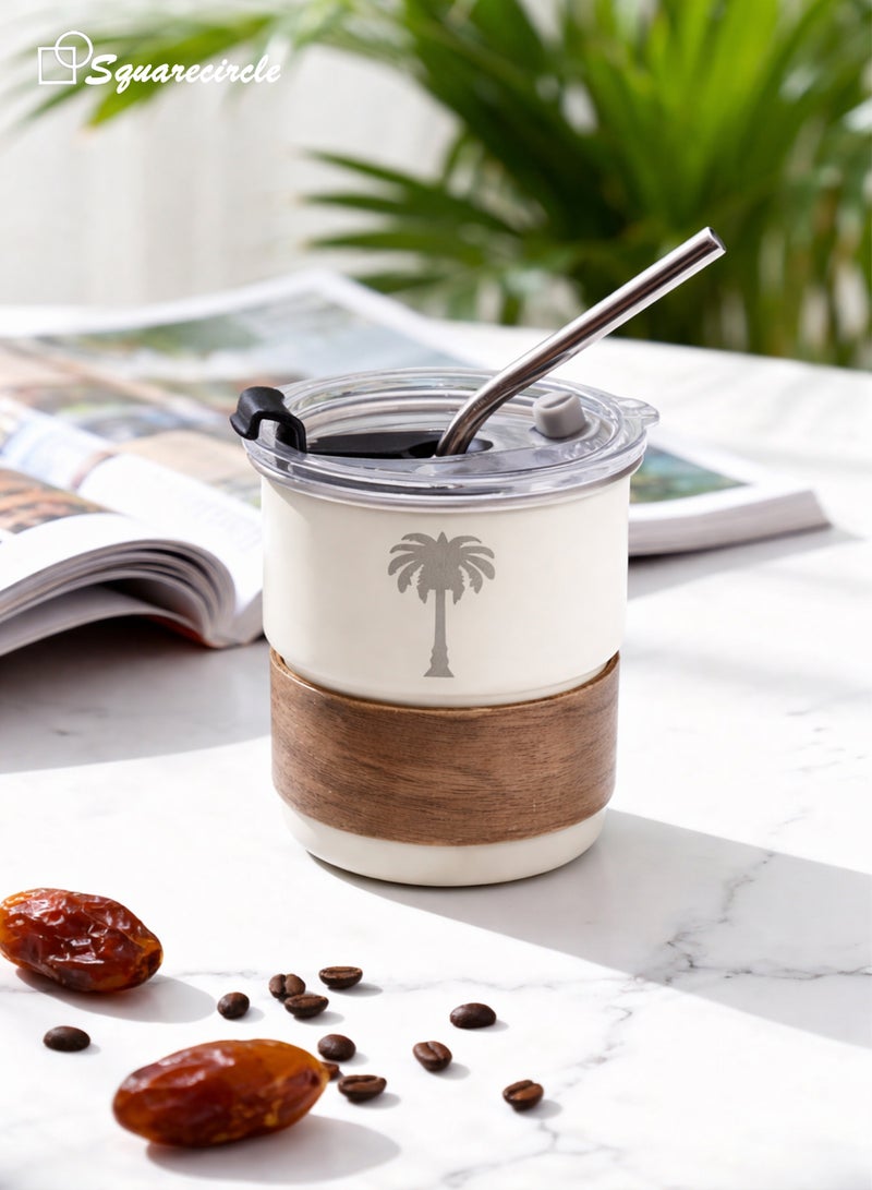 دائرة مربعة كوب سفر من الفولاذ المقاوم للصدأ 304 – تصميم مستوحى من الثقافة العربية مع غطاء محكم وشفاط، 300 مل، للحفاظ على الحرارة والبرودة، خالي من BPA، مثالي للقهوة والشاي والمزيد(أبيض) - Image 5