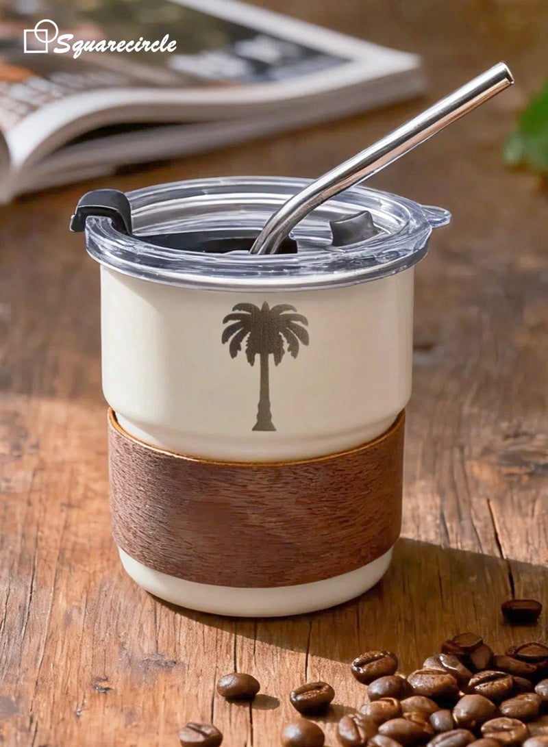 دائرة مربعة كوب سفر من الفولاذ المقاوم للصدأ 304 – تصميم مستوحى من الثقافة العربية مع غطاء محكم وشفاط، 300 مل، للحفاظ على الحرارة والبرودة، خالي من BPA، مثالي للقهوة والشاي والمزيد(أبيض) - Image 1