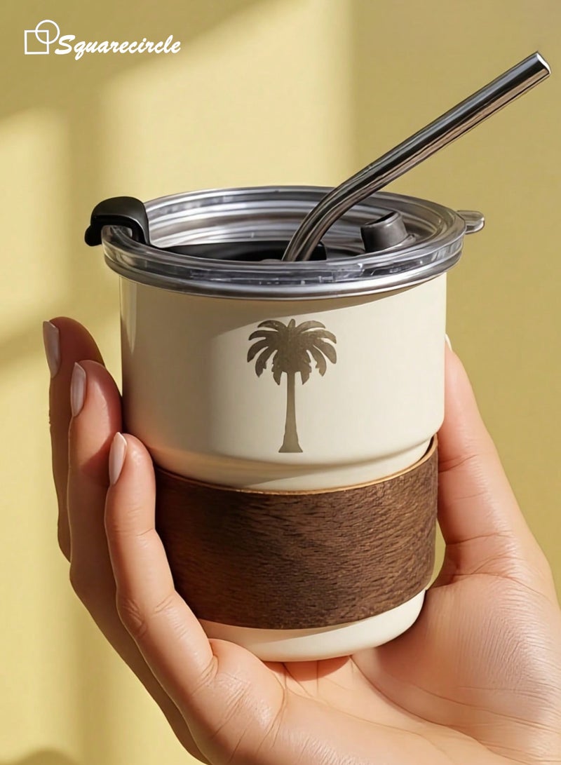 دائرة مربعة كوب سفر من الفولاذ المقاوم للصدأ 304 – تصميم مستوحى من الثقافة العربية مع غطاء محكم وشفاط، 300 مل، للحفاظ على الحرارة والبرودة، خالي من BPA، مثالي للقهوة والشاي والمزيد(أبيض) - Image 2