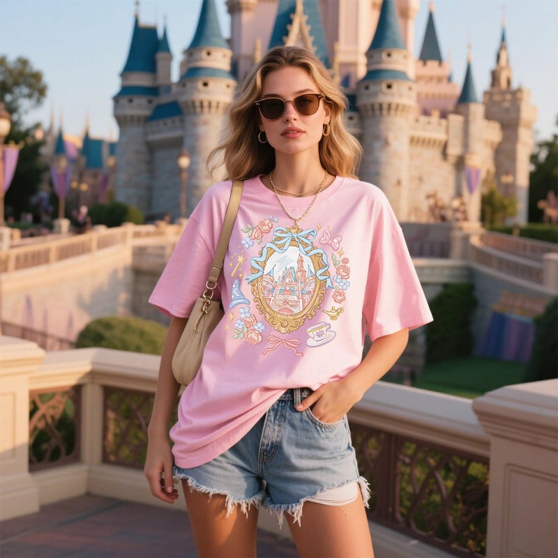 FISCRAT Magic Kingdom Castle Shirt for Women Princess T Shirts Oversized Tee Coquette Bow Castle Graphic Top Pink - Image 4