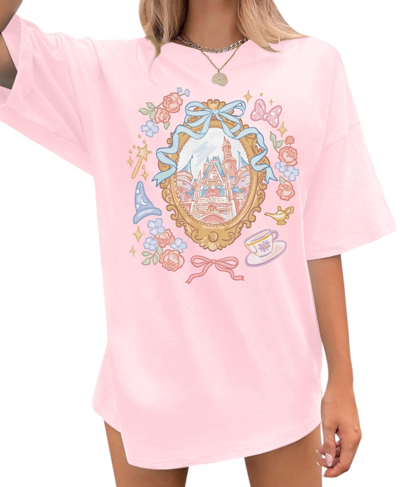 FISCRAT Magic Kingdom Castle Shirt for Women Princess T Shirts Oversized Tee Coquette Bow Castle Graphic Top Pink - Image 1