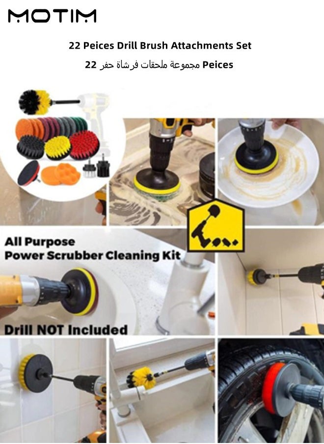 Motim 22 Peices Drill Brush Attachments Set Scrub Pads Sponge Power Scrubber Brush Pad Sponge Kit with Extend Long Attachment for Car Grout Carpet Floor Tub Shower Corners Tile Kitchen  - Image 2