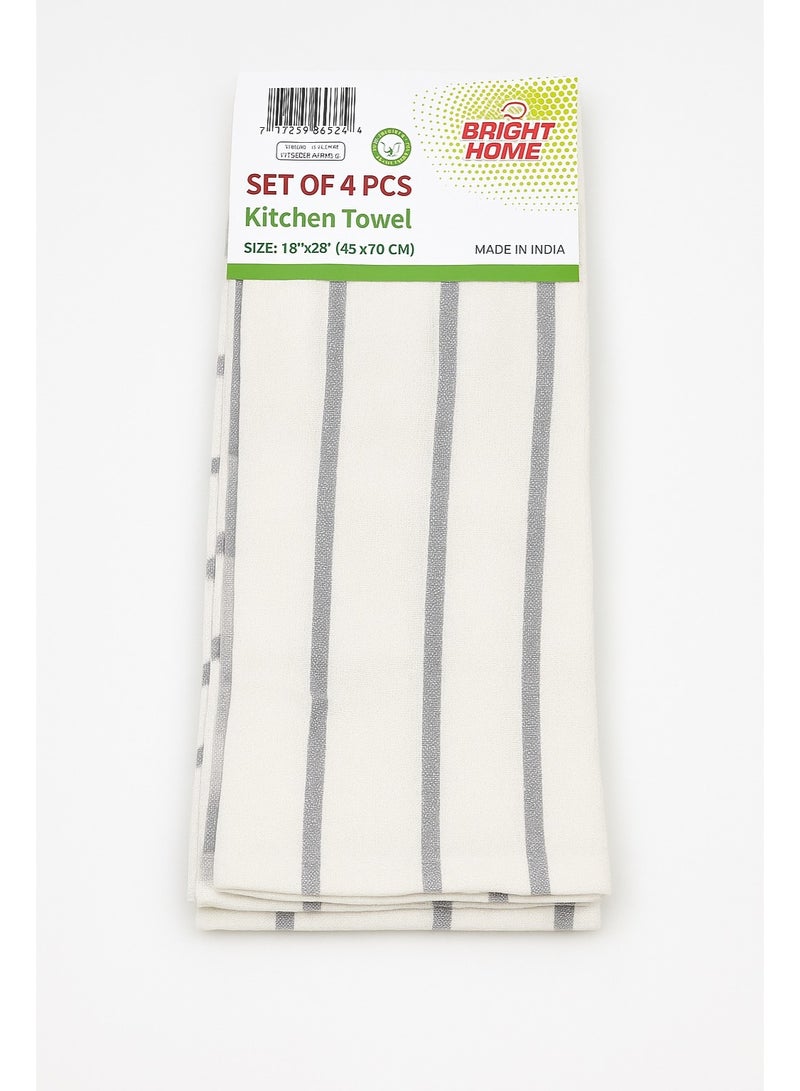 برايت هوم مجموعة مناشف المطبخ برايت هوم (4 قطع) – قطن 100% عالي الامتصاص، 45×70 سم – باللون الأبيض مع خطوط رمادية – مناشف متعددة الاستخدامات متينة وأنيقة - Image 1