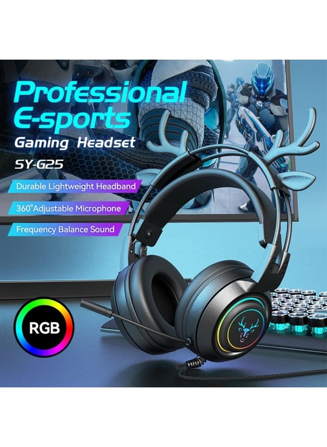 سماعة رأس ستيريو للألعاب SY-G25 لجهاز PS4 PC و Xbox One و PS5 ووحدة التحكم، سماعات رأس فوق الأذن مزودة بخاصية إلغاء الضوضاء مع ميكروفون وإضاءة LED للتنفس وصوت محيطي جهير وسماعات أذن ناعمة الذاكرة لأجهزة الكمبيوتر المحمول وماك ونينتندو - Image 5